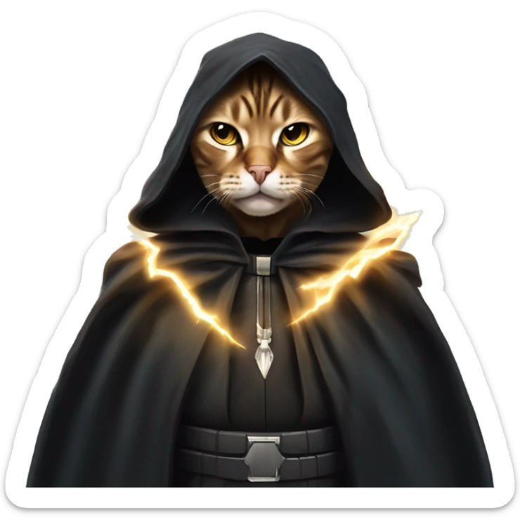 Bengal cat styled like Emperor Palpatine in the 'unlimited power' scene. a menacing expression, dark cloak, and lightning bolts coming out of its paws. intense eyes and powerful gestures sticker