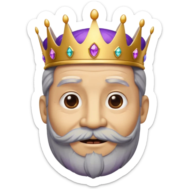 Create a cartoon-style emoji of Baltasar, one of the Three Wise Men. Only show his face and crown. He is older, with a black beard showing streaks of gray, joyful wrinkles, and a purple and gold jeweled crown. Express warmth and wisdom. Colorful and simple, suitable as an emoji. sticker