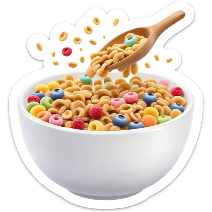 Cinematic crunchy cereal, vibrant and colorful, splashing into a bowl of cold milk, soft glowing background, dynamic movement, playful and inviting, nostalgic and fun. sticker