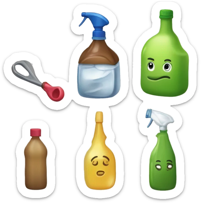 Un cubo de la limpieza, un mocho, una escoba, una bayeta y una garrafa  sticker