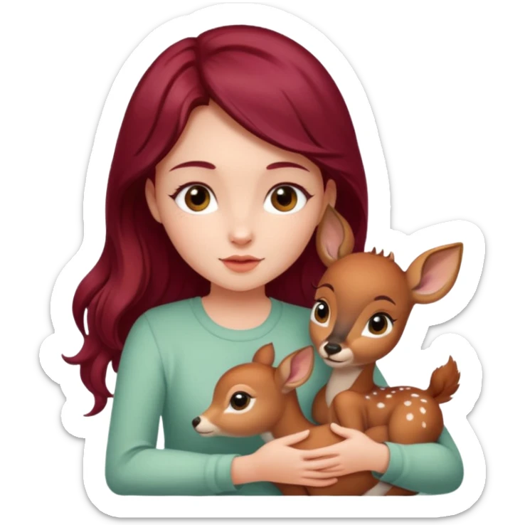 Beautiful burgundy long haired girl petting baby deer sticker