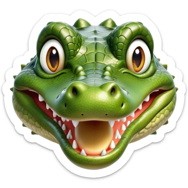 cinematic-realistic-cute-crocodile-portrait-emoji,-head-tilted-playfully-and-inquisitively,-featuring-a-robust,-well-defined-build-with-intricately-detailed,-glossy-olive-green-scales-and-a-surprisingly-endearing-face-with-round,-sparkling eyes sticker