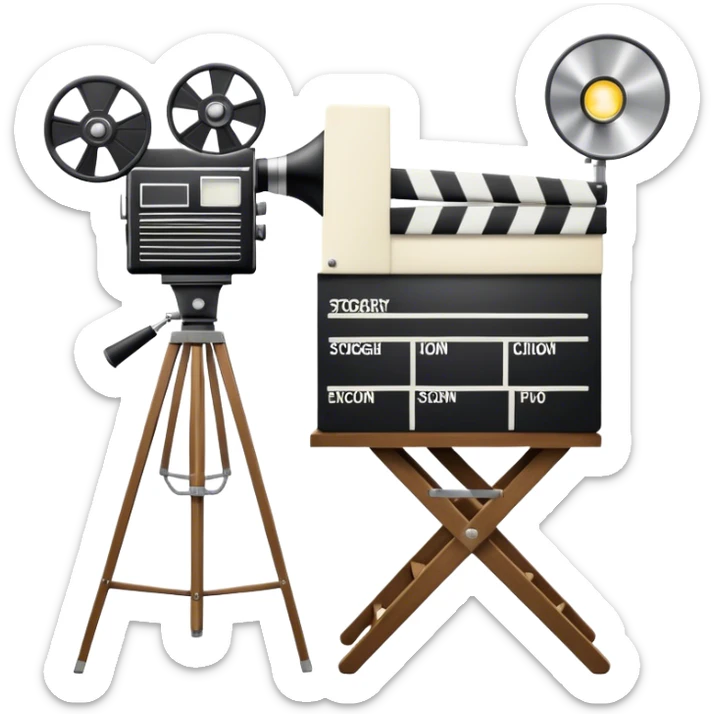 Icon for Directing: a director's chair, a film clapperboard, large movie camera, vintage megaphone and a stage with a spotlight. The icon should represent the creative and organizational aspects of directing, with focus on storytelling, staging, and performance. Transparent background. sticker