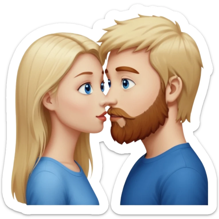 Beautiful, long-straight, pale-blonde-hair blue eyed girl facing a reddish brownish hair and scruffy beard, blue eyed, white male, lips-together-kissing  sticker