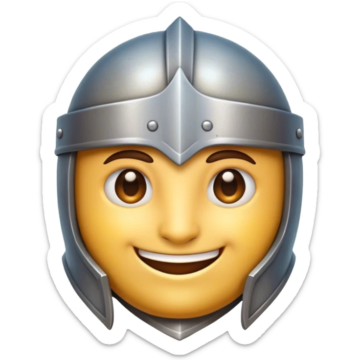 Clash of Clans aesthetic Playful Knight Portrait Emoji, Head tilted with a subtle, cheeky smile peeking from beneath an open helm, showcasing a compact, stylized armored build with bright, expressive eyes in natural skin tone, Simplified yet irresistibly charming features, highly detailed, glowing with a warm, inviting metallic glow, high shine, spirited and approachable, stylized with an air of whimsical chivalry, soft glowing outline, capturing the essence of a playful knight exuding friendly valor! sticker