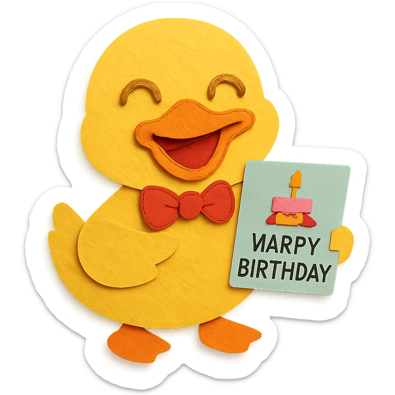 laughing duck with bowtie holding birthday card sticker