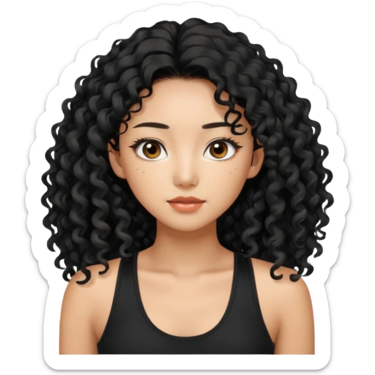 Korean woman with black cute long curly hair  with a black top tank with long lashes sticker