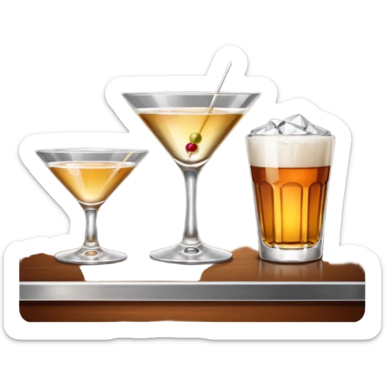Bar counter with martini glass, beer glass, and whiskey glass lined up sticker