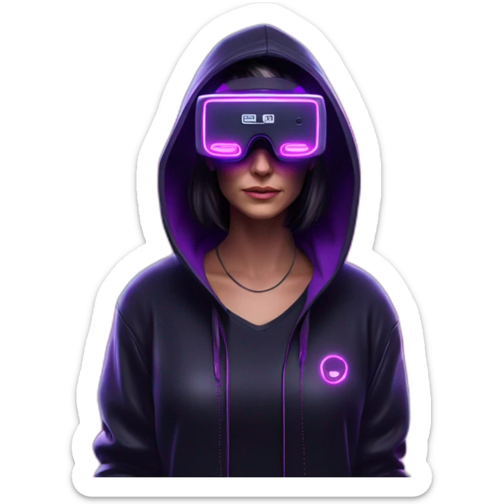 Cathie Wood wearing a black hoodie with "OMG" letters on it and VR headset in a cyberpunk VR environment with violet neon lighting. sticker