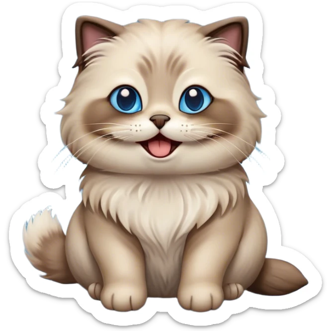 Cinematic Adorable Fluffy Brown Seal Ragdoll Cat Portrait Emoji, Head tilted cutely with big, sparkling blue eyes, soft brown seal-colored fur with darker points on the ears, face, and paws, Simplified yet irresistibly adorable features, highly detailed, glowing with a soft, warm glow, high shine, yawning in a peaceful and playful manner, stylized with a touch of whimsy, bright and endearing, soft glowing outline, capturing the essence of a relaxed and loving kitten, so cute it feels like it could leap out of the screen and stretch into a cozy nap! sticker