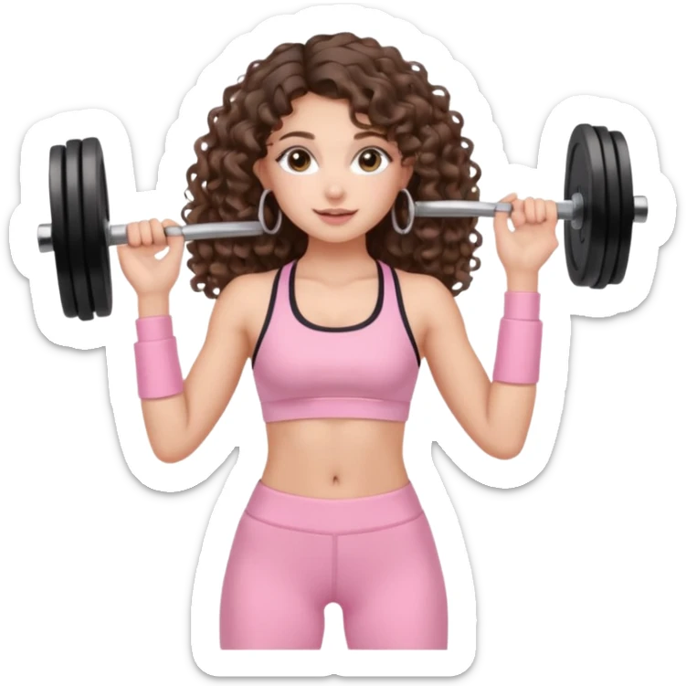 cute balayage brunette long hair curly/wavy haired girl, hoop earrings, clean girl makeup DOING EXERCISE with weights with a cute pastel pink set sticker
