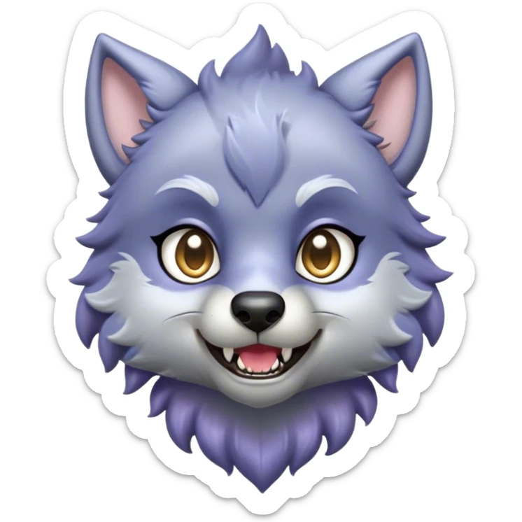 Cinematic Cute Werewolf Portrait Emoji, with a cuddly, miniature lupine form in soft moonlit grays and silvers, featuring oversized sparkling eyes and a sweet, endearing snarl, simplified yet irresistibly adorable, highly detailed with a gentle glowing outline that captures the playful, heartwarming essence of a little werewolf! sticker