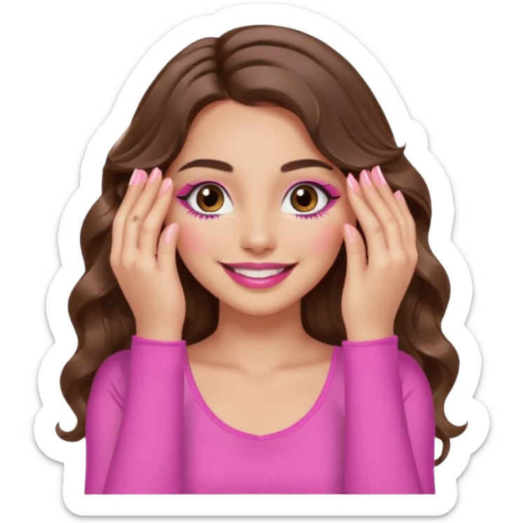 girl with long wavy brown hair, brown eyes, long lashes, sexy pink lips, light to medium complexion, wearing a pink sexy top, smiling, hands covering over the eyes sticker