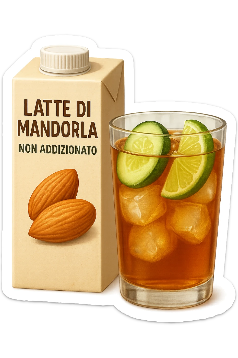 emoji stile iphone di un pacco di latte di mandorla non addizionato accanto ad un bicchiere di vetro di tè freddo con fettine di cetriolo e lime
IPERREALISTICO 4K sticker