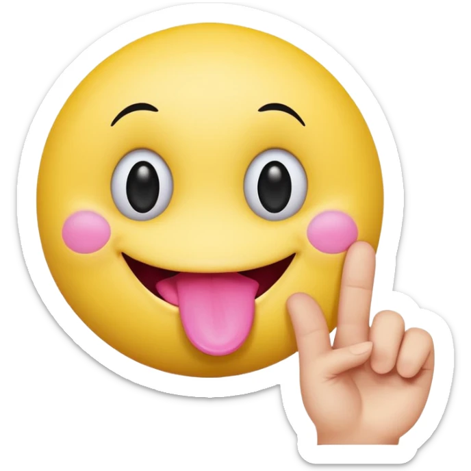 The image is a digital illustration of a yellow smiley face with big, round eyes and a big smile. The face is holding a pink tongue sticking out and making a 67 with its fingers. Above the face, The background is white. Like this but get rid of the text but make the hands do the numbers 67 sticker