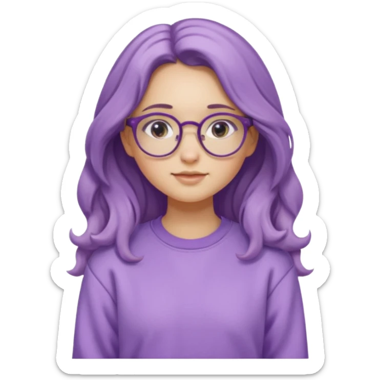 Chica de pelo largo y ondulado, con gafas redondas y expresión suave; viste una sudadera lila y transmite un estilo tranquilo y relajado. sticker