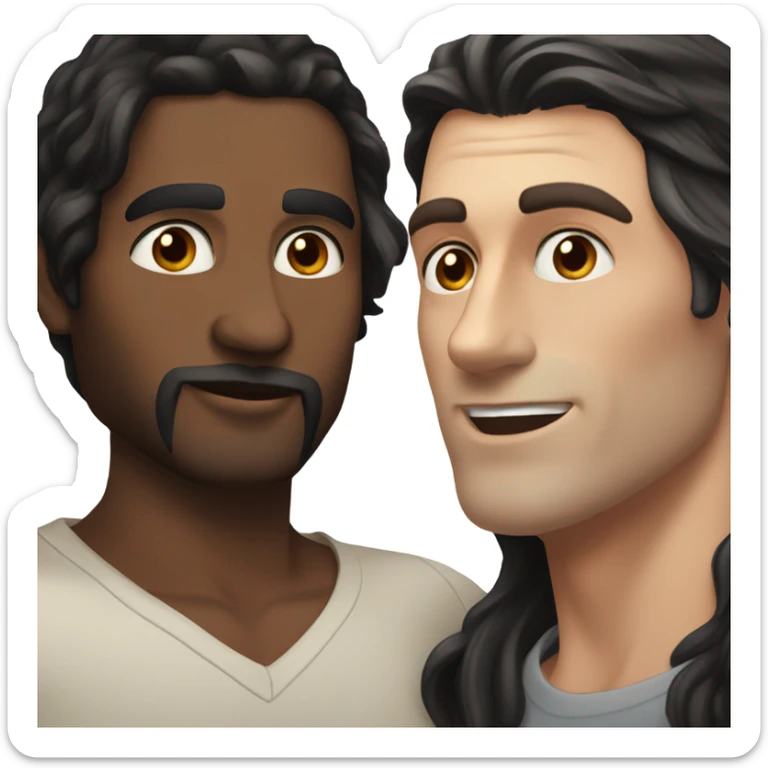 man with tan skin and long black hair kissing man with pale skin and dark brown hair sticker