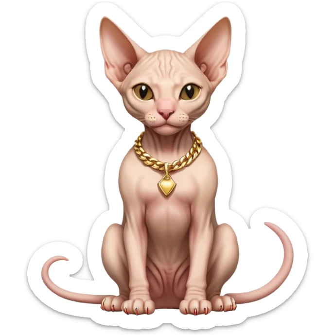 hairless Sphynx cat full body sitting, wearing a gold chain, winking sticker