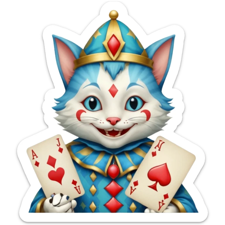 crazy colorful cute little cat jolly joker from poker, medieval, vintage, court jester, mac os icon, blue color, holds poker cards sticker