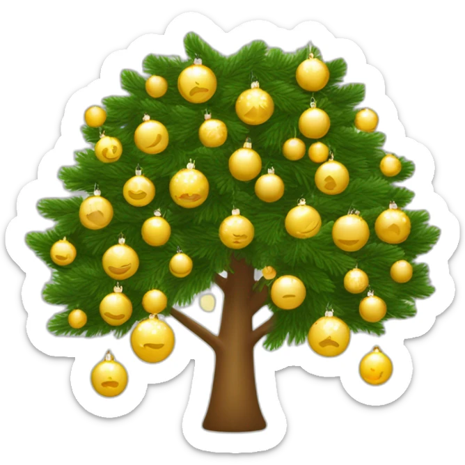 árbol de navidad con esferas color dorado y luces blancas con "feliz Navidad" sticker