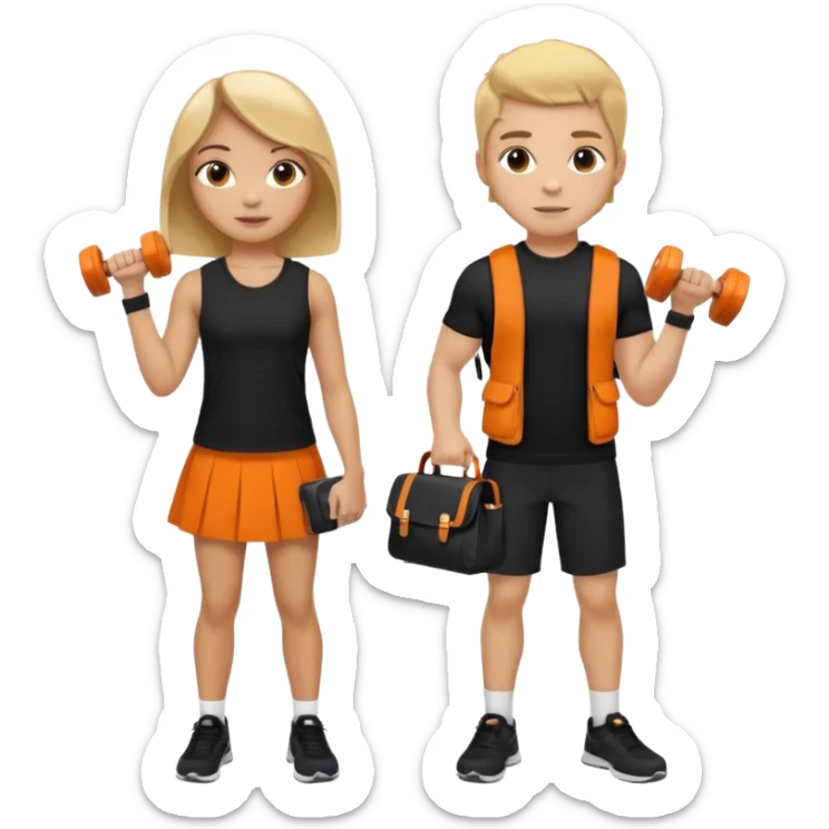 light skin students girl and boy with school bag full of books on hand and dumbell in other hand. Clothes are in black and orange colours. They are going to the gym. They have brown and blonde hair. Dumbell is visible in hand. They are teaching about sport sticker