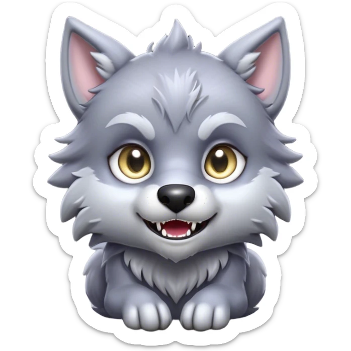 Cinematic Cute Werewolf Portrait Emoji, with a cuddly, miniature lupine form in soft moonlit grays and silvers, featuring oversized sparkling eyes and a sweet, endearing snarl, simplified yet irresistibly adorable, highly detailed with a gentle glowing outline that captures the playful, heartwarming essence of a little werewolf! sticker