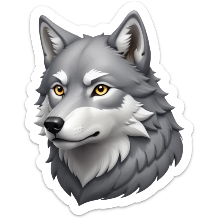 cinematic-noble-realistic-wolf-portrait-emoji,-poised-and-regal,-with-a-strong,-lean-build-and-a-sleek,-well-groomed-fur-of-grey-and-white,-deep-set-soulful-piercing-eyes,-simplified-yet-sharp-and-sophisticated-features,-highly-detailed, zoomed out showing shoulders sticker
