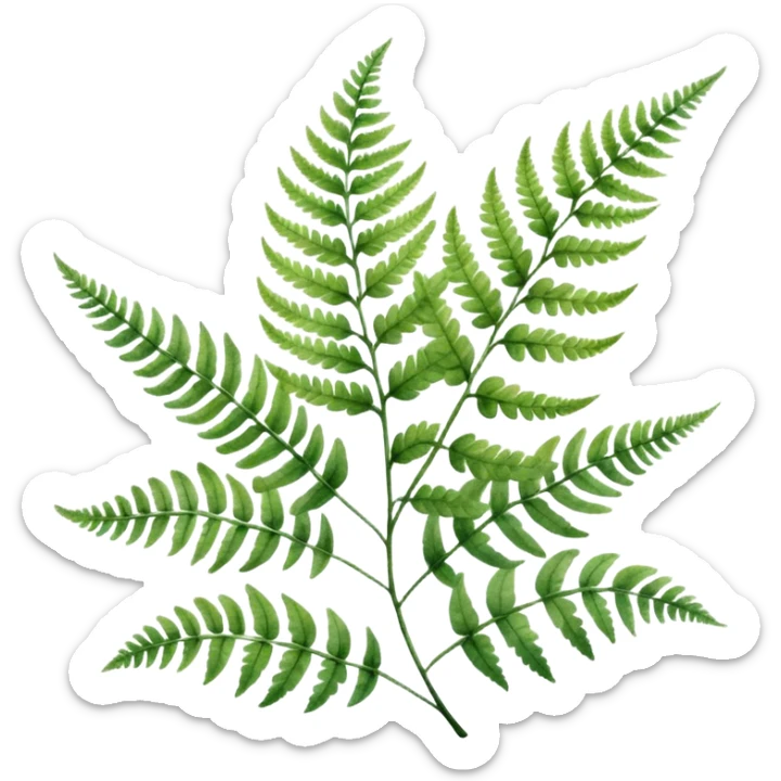 A close-up of a fern plant with intricate leaves, painted in soft watercolor greens with a subtle textured background.
 sticker
