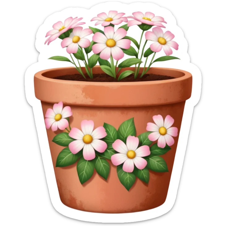 plant pot in terra cota with white and pink flowers print painted on the pot sticker