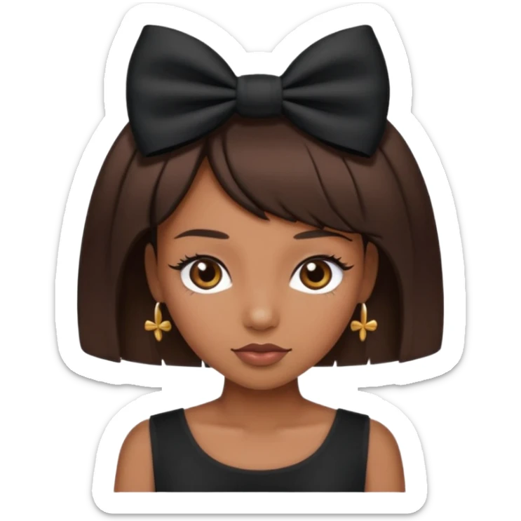 Adult woman with black cute  cut with a black top and a bow on her head with long lashes sticker