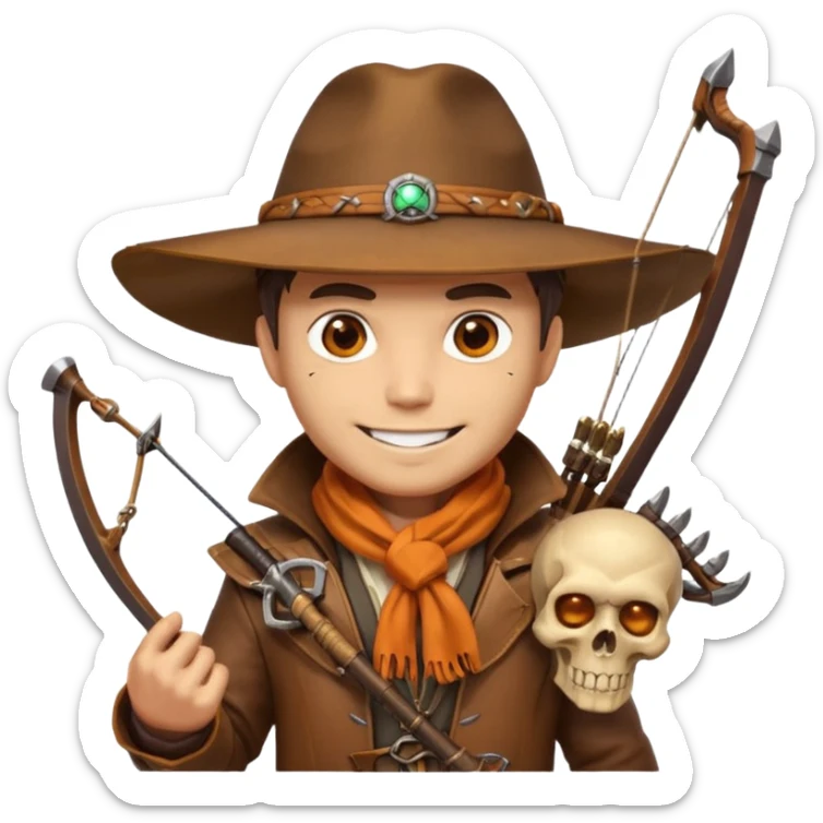 male human monster hunter emoji, wearing brown leather coat and wide hat, holding crossbow, with amulet shaped like skull, Halloween fantasy theme, confident smile, orange scarf, Apple emoji style, clean white background, square image sticker