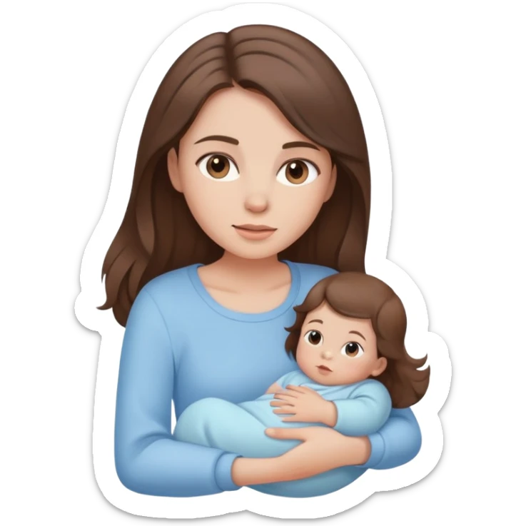 brunette girl with brown hair wearing pastel blue clothes holding a baby sticker