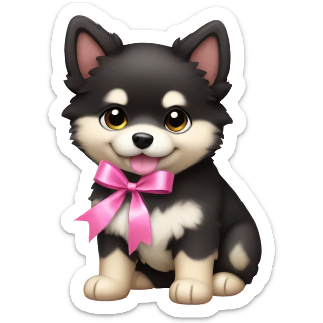 One black and beige pomsky puppy with a pink ribbon in his heac sticker