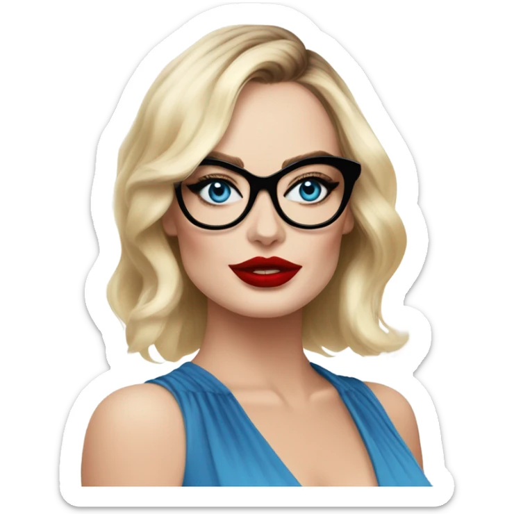  Margot Robbie, bright blue eyes and winged eye liner, red kisses, wearing black glasses  sticker