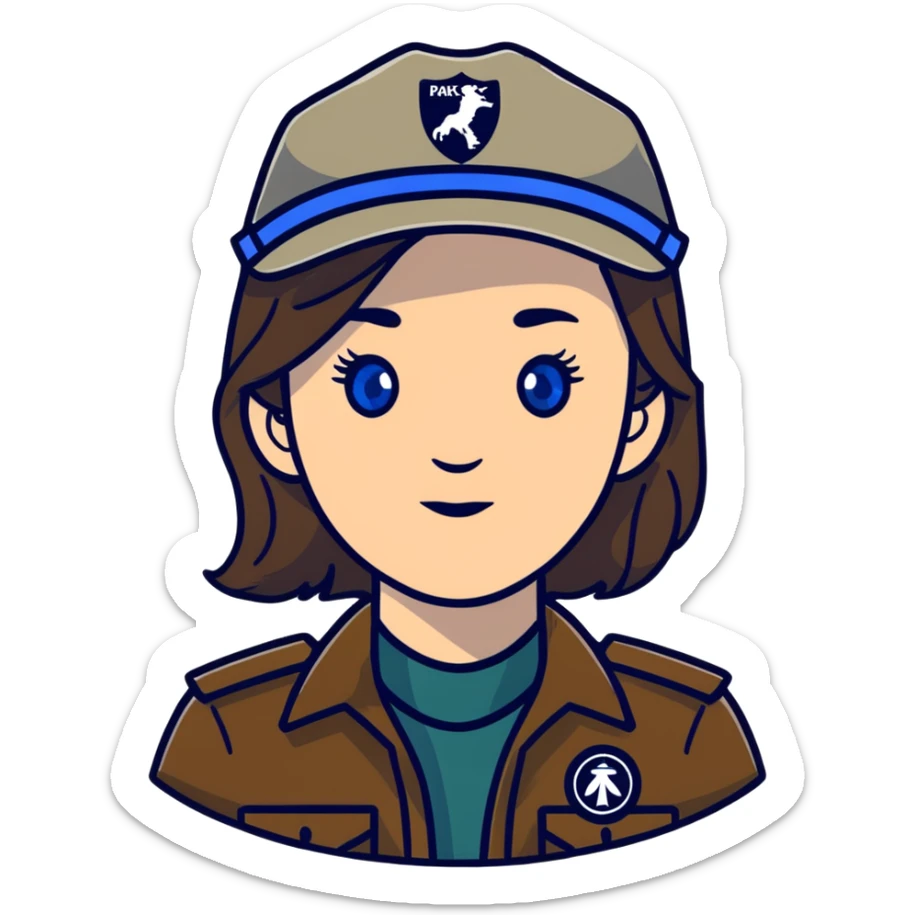 white woman park ranger with gray and brown hair, blue eyes sticker