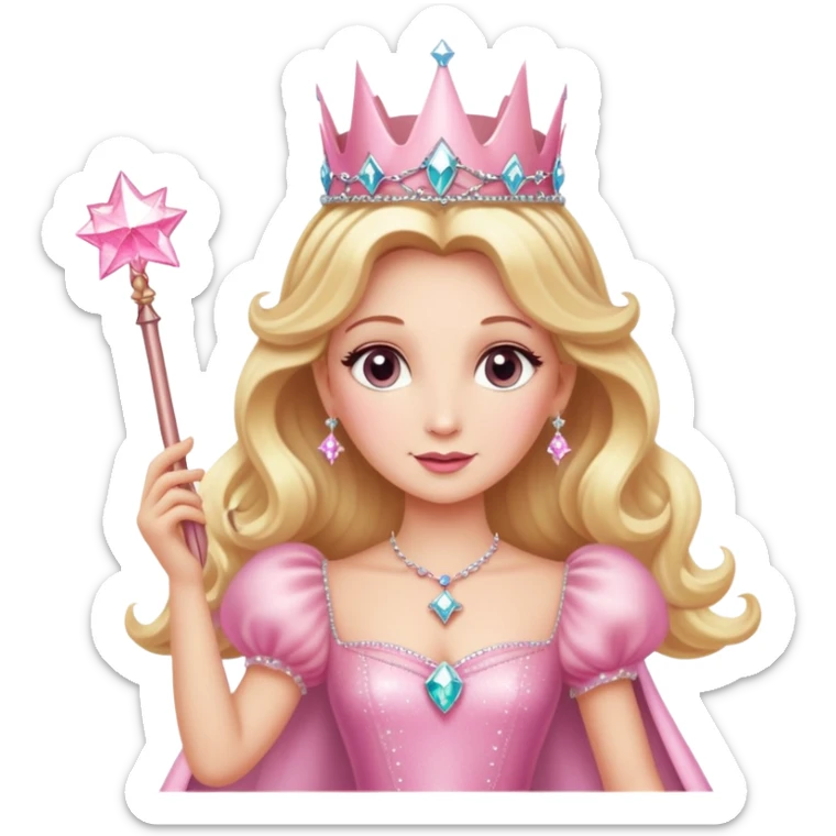Glinda the Good Witch with blonde hair, sparkly crown, pink puffy dress, and magic wand sticker