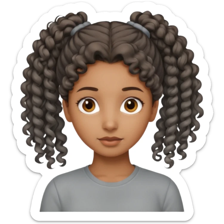 A girl Brown girl with a curly ponytail and has a Gray shirt and eyes are brown  sticker