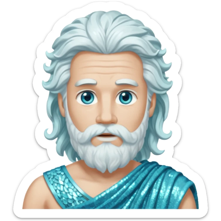 Uranus, God of Air from Roman Deities with long white wavy hair and beard, pale cyan sequin toga sticker