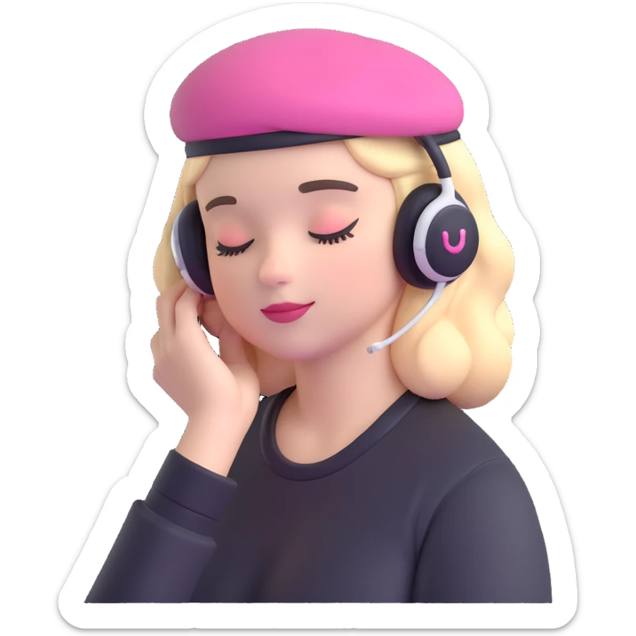 girl wearing a pink beret and AirPods Max headphones, listening to music with closed eyes sticker