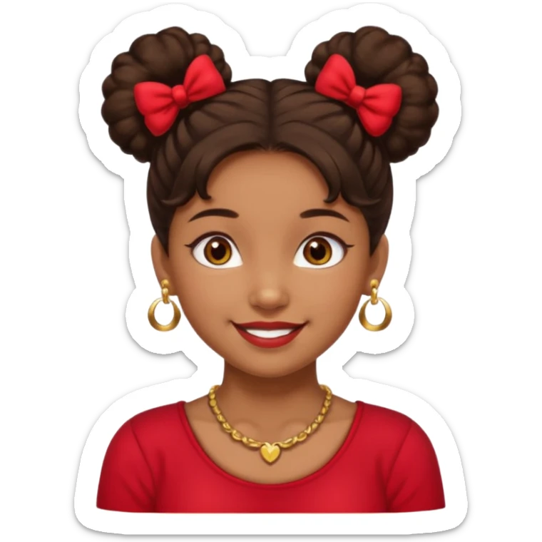 Brownskin girl dark brown hair fluffy.Two buns with red bows brown eyes smiling closed mouth red shirt gold esrrings gold necklace sticker