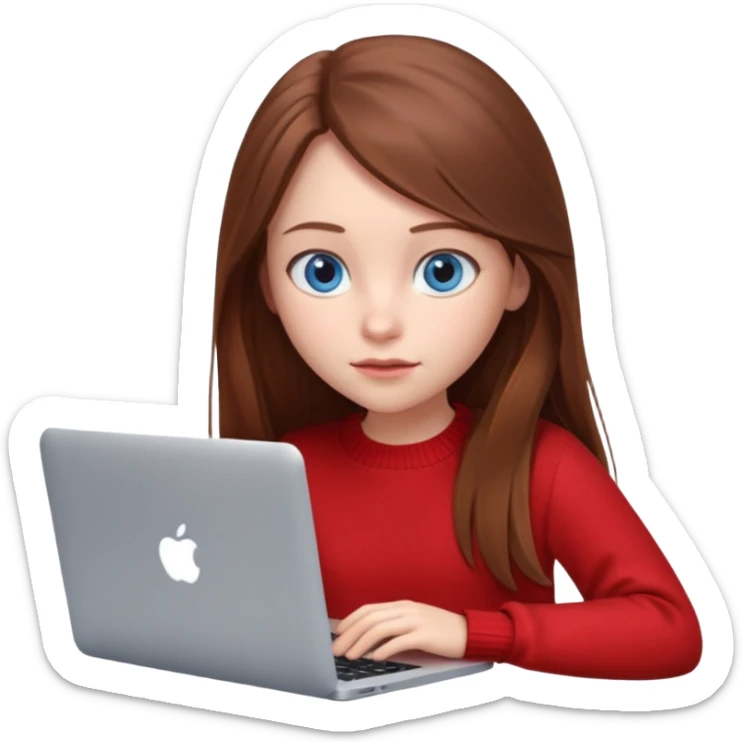 Emoji of a cute 3D girl with long brown hair and blue eyes, wearing a red sweater, focused working on a MacBook laptop, white background sticker