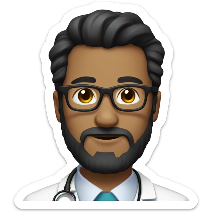 male doctor with full short beard, has black hair in a short ponytail and wears black glasses sticker