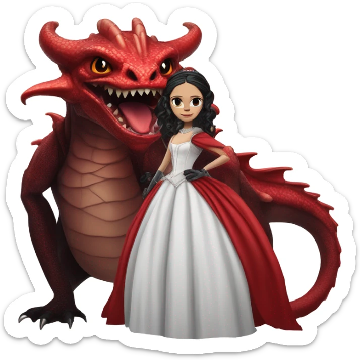 Lavish Victorian evening gown with gloves, Jenna Ortega as Addams Jedi wearing a mini tiara, standing next to a very large blood red evil-looking horned firedragon sticker