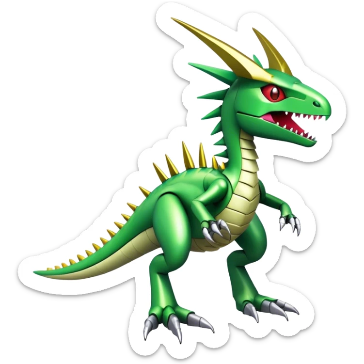Spiky Cool Edgy shiny colorful Digimon-Fakemon-Flygon-Velociraptor-Mecha, full body, two legs sticker