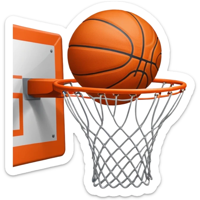 A close-up of a basketball shield and hoop with the ball swishing through the net, captured mid-air. The background emphasizes the tension and excitement of the moment, with the rim and net in sharp focus, showcasing the precision and skill of the sport. sticker
