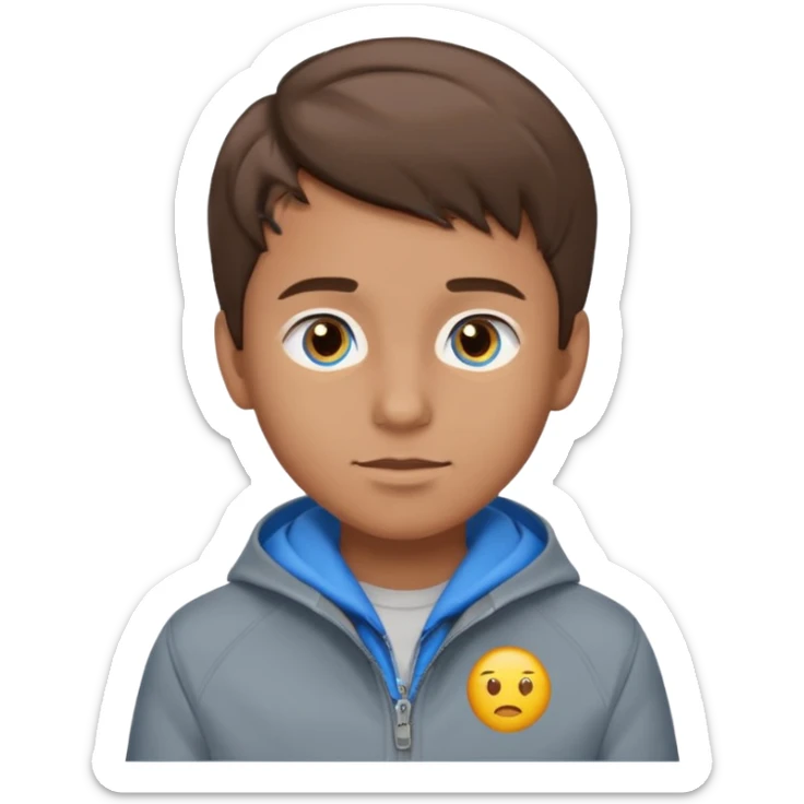 Fais-moi un garçon avec la peau bronzée les yeux bleus qui portent une veste grise avec les cheveux marrons version emoji sticker