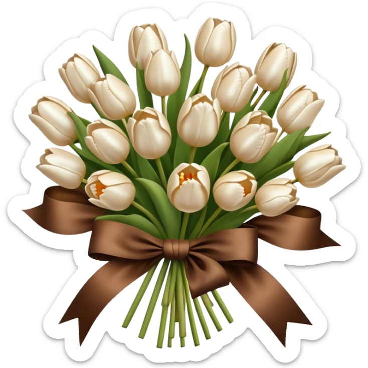 A big bouquet of pearl and beige colored tulips tied with a brown silk bow  sticker