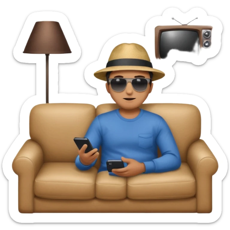A man photographed from behind, sitting on a sofa and watching the news on TV. The setting is a living room. sticker