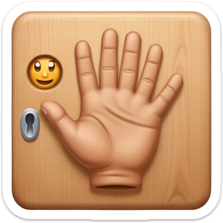 Design an Apple-style emoji of a hand knocking on a wooden door. Realistic shading, soft gradients, rounded shapes, high resolution, transparent background. sticker