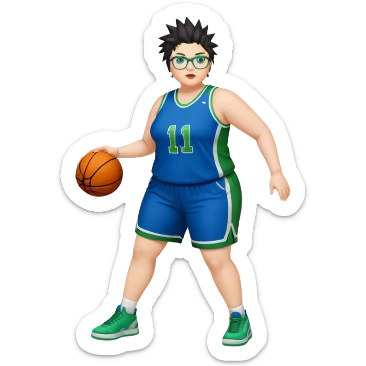 FULL BODY PLUS SIZE  WHITE women with DARK short hair SPIKEY HAIR and glasses playing basketball IN BLUE AND GREE UNIFORM NO WRITING sticker